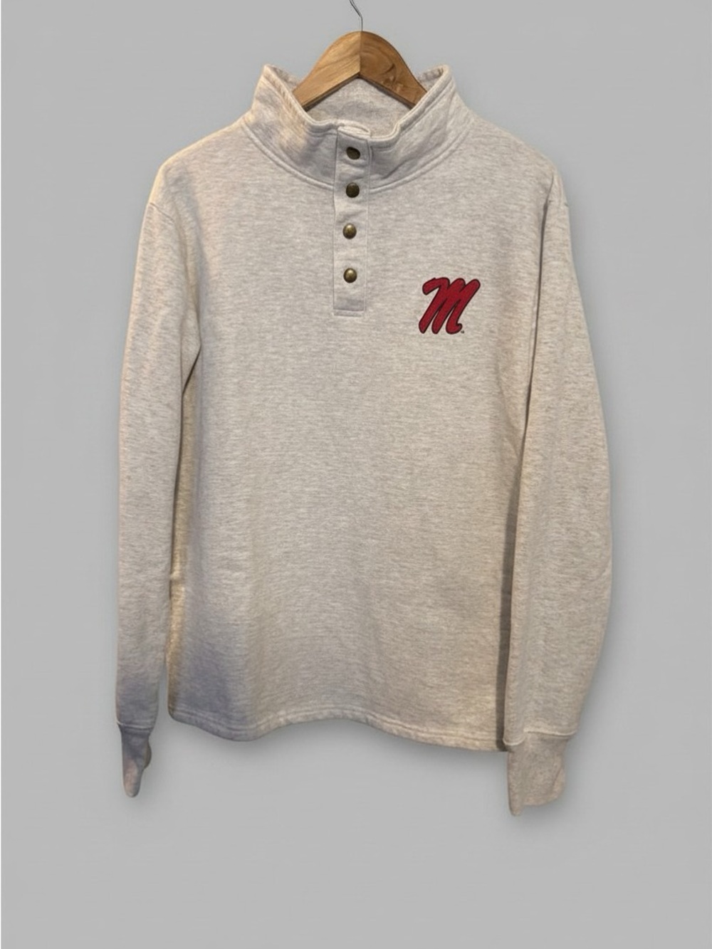 League Cream Mock-Neck Snap Sweatshirt with Red 'M' Ole Miss Patch